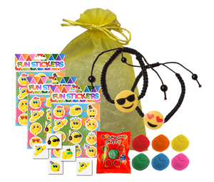 Emoji Party Bag, wristband bracelet, sticker sheet, temporary tattoo & packet of bouncing putty