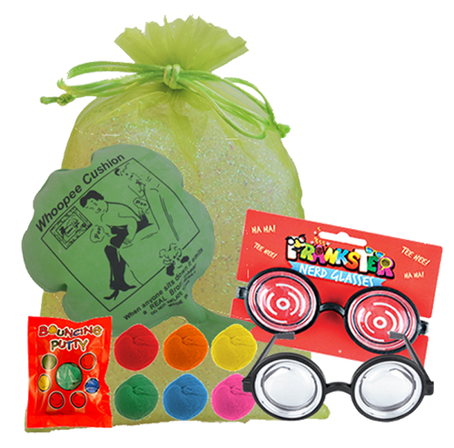 Fun & Laughter Party Bag,  whoopee cushion, pair of silly specs glasses, & packet of bouncing putty