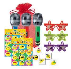 Pop Star Party Bag, inflatable microphone, pop star shades, sheet of stickers & party tattoo
