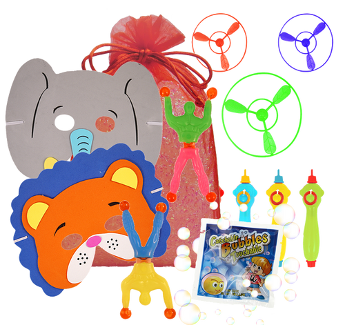 Circus Party Bag, animal face mask, wonder wall walker, catch-a-bubbles packet & flying saucer