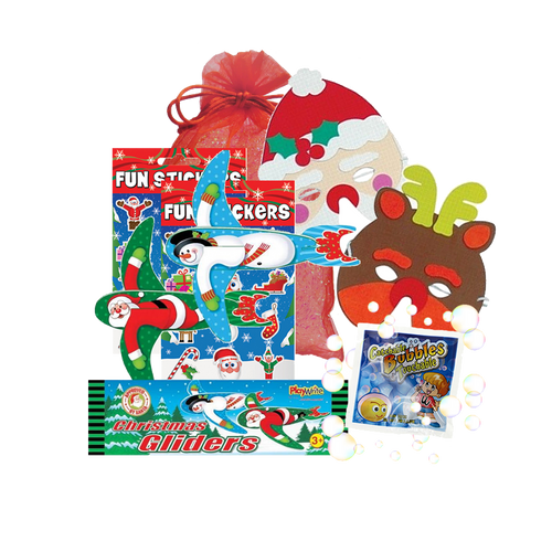 Christmas Party Bag, foam face mask, Christmas stickers, character glider & micro-touch-a-bubbles