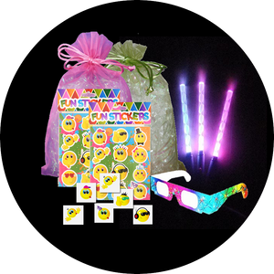 Disco Party Bag, light up bracelets , a pair of rave glasses, a sheet of stickers & a party tattoo
