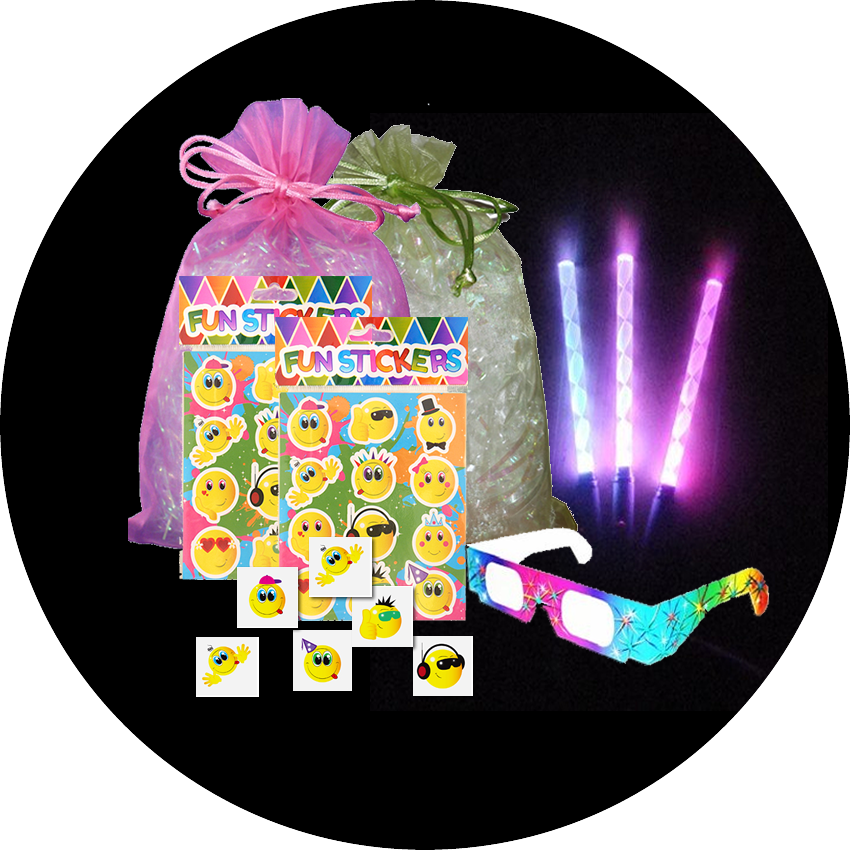 Disco Party Bag, light up bracelets , a pair of rave glasses, a sheet of stickers & a party tattoo