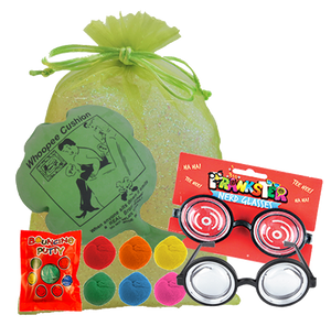 Fun & Laughter Party Bag,  whoopee cushion, pair of silly specs glasses, & packet of bouncing putty