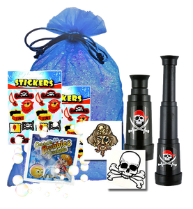 Pirate Party Bag, extending telescope, party tattoo, packet of micro touchable & sheet of stickers