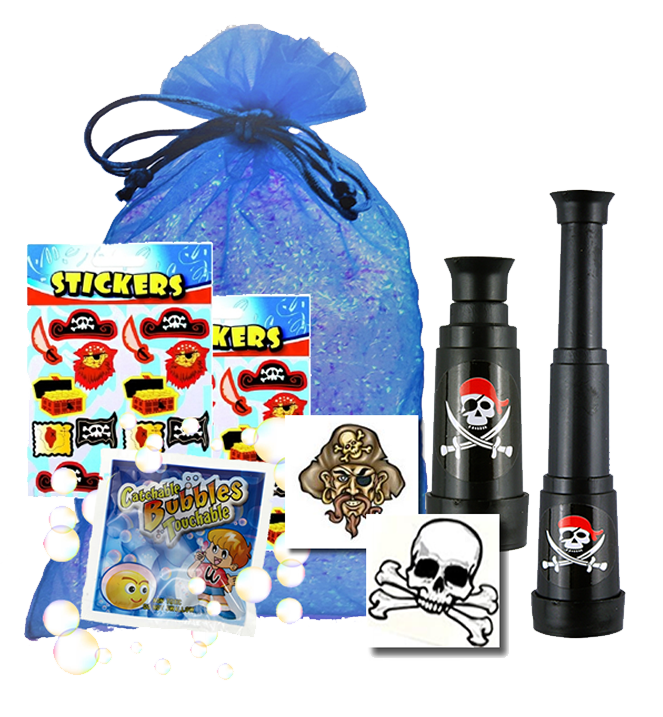 Pirate Party Bag, extending telescope, party tattoo, packet of micro touchable & sheet of stickers