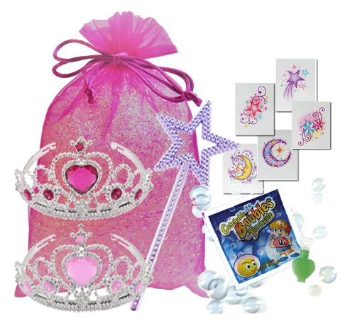 Princess party bag, jewelled headband, magical wand, Temporary Body Tattoo & micro-catch-a-bubbles