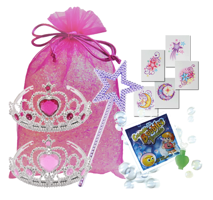 Princess party bag, jewelled headband, magical wand, Temporary Body Tattoo & micro-catch-a-bubbles
