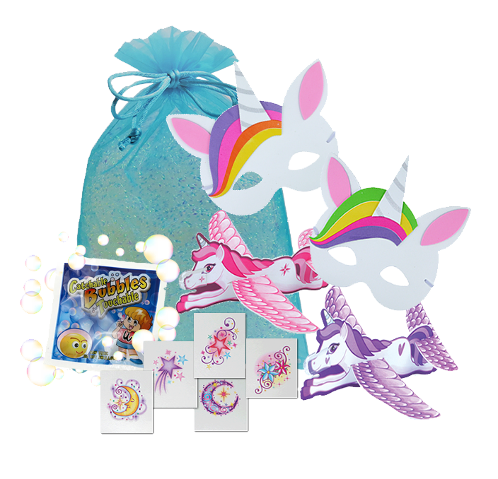 Unicorn Party Bag, unicorn mask, unicorn glider, magic packet, catch-a-bubbles & party tattoo