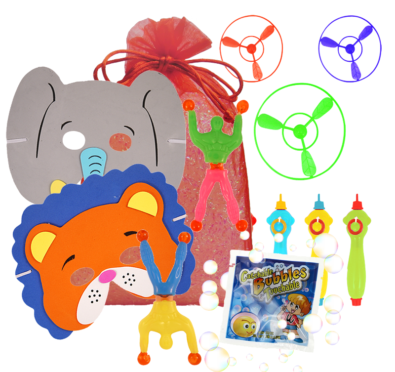 Circus Party Bag, animal face mask, wonder wall walker, catch-a-bubbles packet & flying saucer